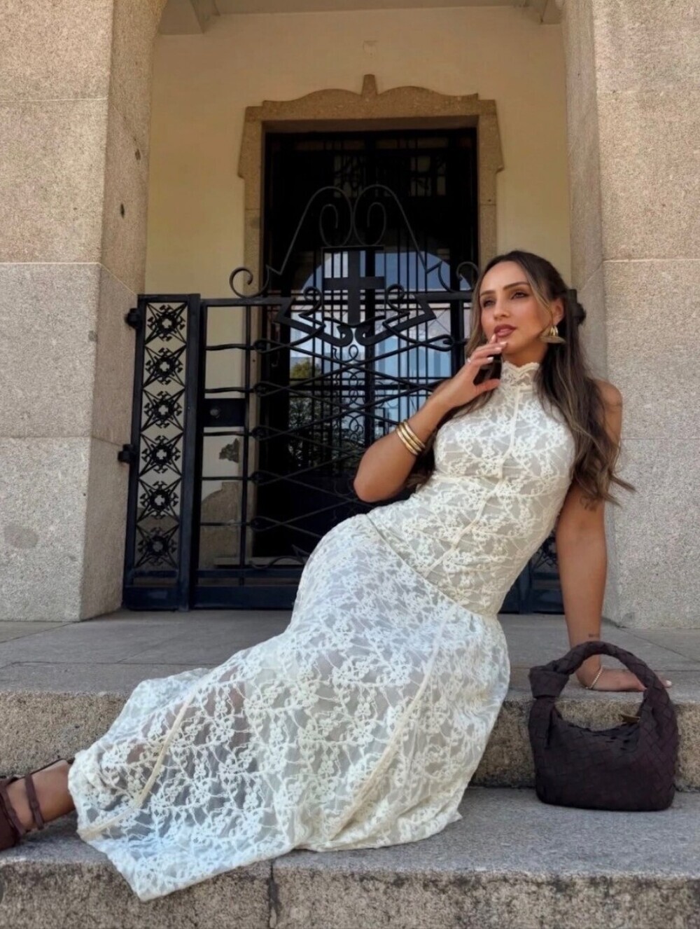 Zara White Lace Maxi Dress with High Neck - Picture 7 of 8